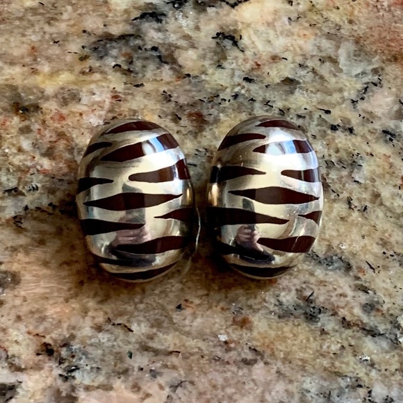 Vintage Italy Sterling Silver Clip Earrings animal print enamel Jewelry Italian - Picture 2 of 10